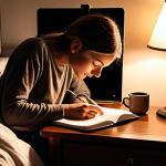 **

A person sitting at a desk using a digital journal app on their phone, illuminated by the soft glow of a bedside lamp. The room is cozy and reflects a calm, mindful evening routine. A handwritten note saying "Three things I'm grateful for" is visible near the phone.

**