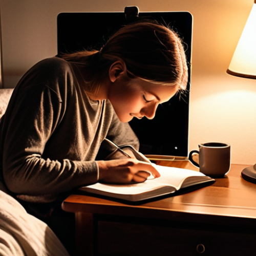 Home 4 **
A person sitting at a desk using a digital journal app on their phone, illuminated by the soft glow of a bedside lamp. The room is cozy and reflects a calm, mindful evening routine. A handwritten note saying "Three things I'm grateful for" is visible near the phone.
**