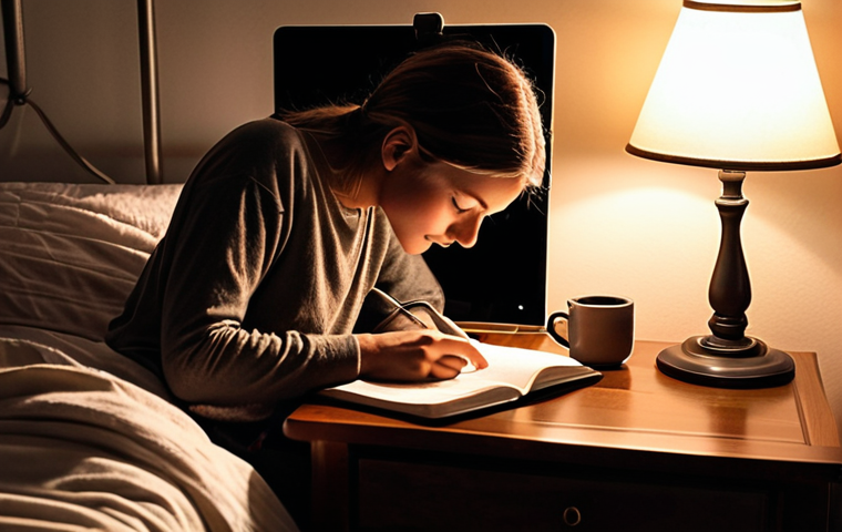 **

A person sitting at a desk using a digital journal app on their phone, illuminated by the soft glow of a bedside lamp. The room is cozy and reflects a calm, mindful evening routine. A handwritten note saying "Three things I'm grateful for" is visible near the phone.

**